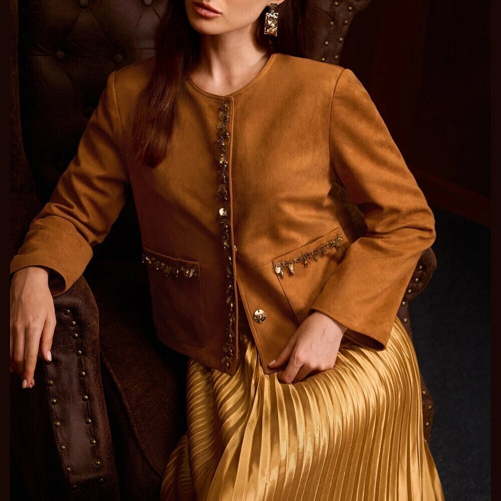 Camel Faux Suede Round Neck Trim Detail Cropped Jacket